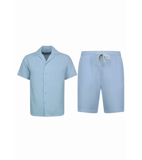 ENOS  Ribbed  Oversized  Shirt - Zomerset Heren - Two Piece Setje - Co ord Set - 0095 - Blauw