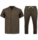 ENOS Linnen Look Twinset - Zomerset Heren - Linnen Look Overhemd Heren - Linnen Broek Heren - MG-011 - Bruin