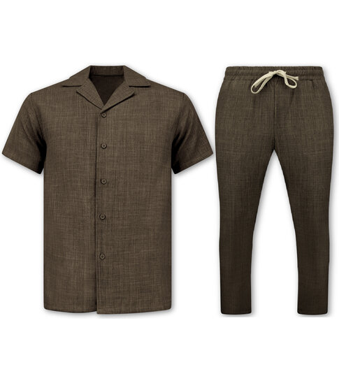 ENOS Twinset - Zomerset Heren - Linnen Look Overhemd Heren - Linnen Broek Heren - MG-011 - Bruin
