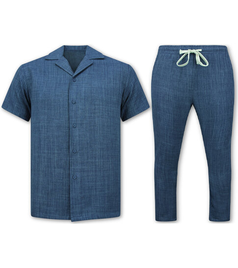 ENOS Twinset - Zomerset Heren - Linnen Look Overhemd Heren - Zomer Broek Heren - MG-011 - Blauw