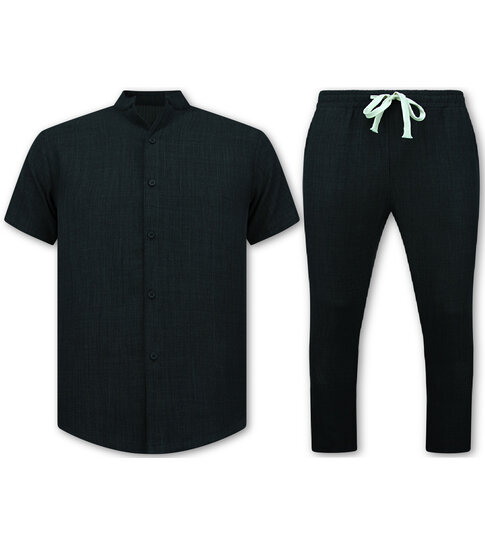 ENOS Zomerset Heren - Twinset - Linnen Look Overhemd Heren - Zomer Broek Heren - MG-012 - Zwart
