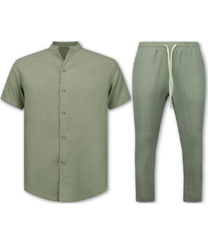 ENOS Linnen Look Zomerset Heren - Twinset - Linnen look Overhemd Heren - Zomer Broek Heren - MG-012 - KHAKI
