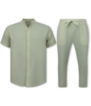 ENOS Linnen Look Zomerset Heren -  Twinset - Linnen Look Overhemd Heren - Zomer Broek Heren - MG-012 - Beige