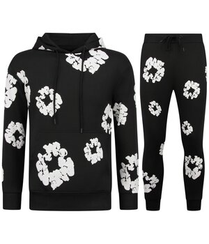 True Rise Dik Geweven Heren Trainingspak met Bloemenprint all Over Print - Bloemenpak Heren - Twinset - 5991 - Zwart