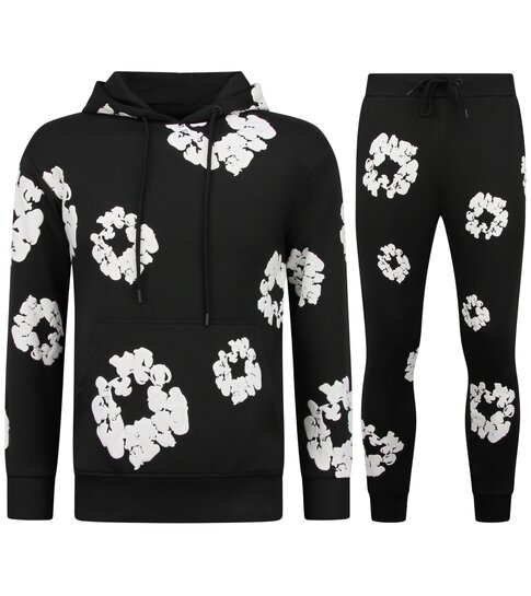TopStar Dik Geweven Heren Trainingspak met Bloemenprint all Over Print - Bloemenpak Heren - Twinset - 5991 - Zwart