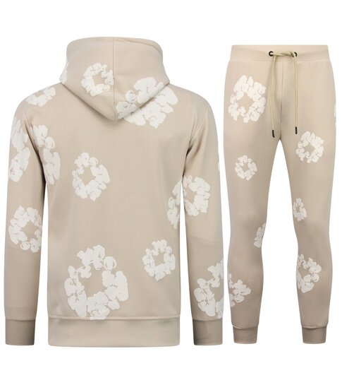 True Rise Dik Geweven Heren Trainingspak met Bloemenprint all Over Print - Bloemenpak Heren - Twinset - 5991 - Beige