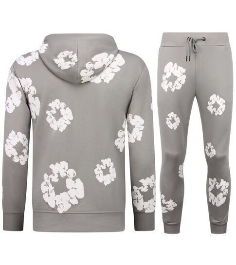 TopStar Dik Geweven Heren Trainingspak met Bloemenprint all Over Print - Bloemenpak Heren - Twinset - 5991- Grijs