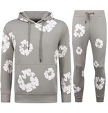True Rise Dik Geweven Heren Trainingspak met Bloemenprint all Over Print - Bloemenpak Heren - Twinset - 5991- Grijs