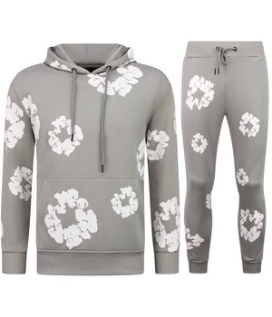 TopStar Dik Geweven Heren Trainingspak met Bloemenprint all Over Print - Bloemenpak Heren - Twinset - 5991- Grijs