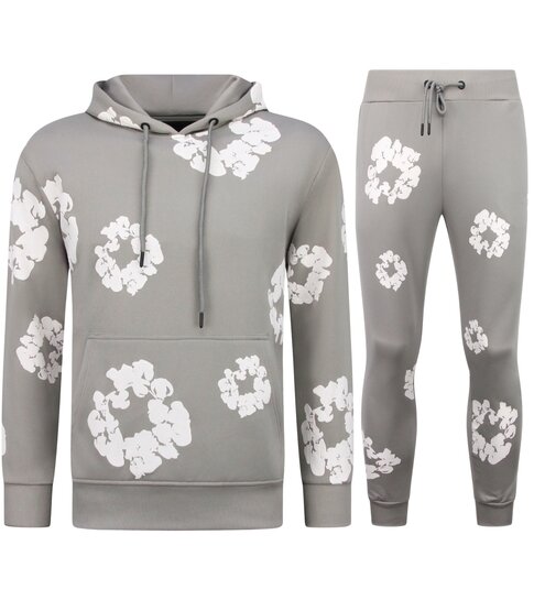 True Rise Dik Geweven Heren Trainingspak met Bloemenprint all Over Print - Bloemenpak Heren - Twinset - 5991- Grijs