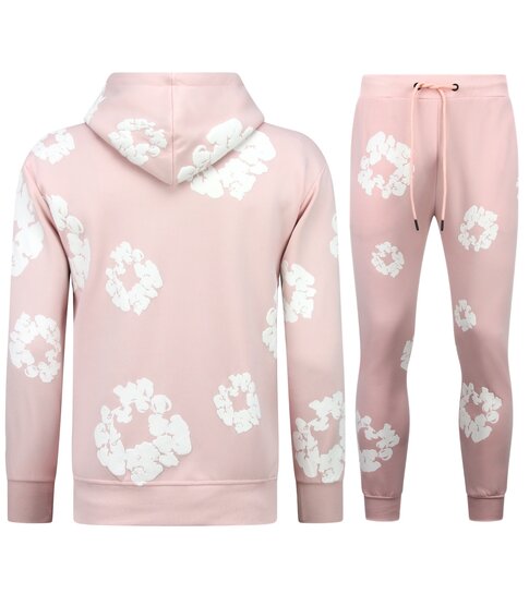 TopStar Dik Geweven Heren Trainingspak met Bloemenprint all Over Print - Bloemenpak Heren - Twinset - 5991 - Roze