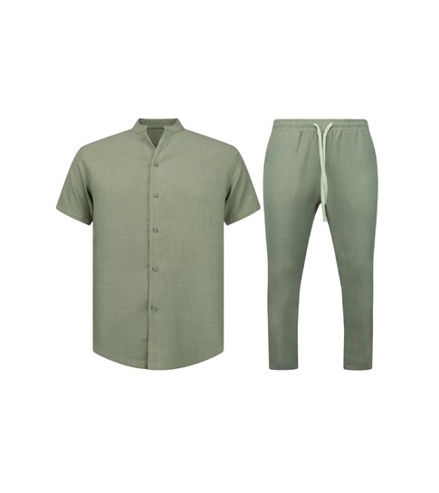 ENOS Linnen Look Zomerset Heren - Twinset - Linnen look Overhemd Heren - Zomer Broek Heren - MG-012 - KHAKI