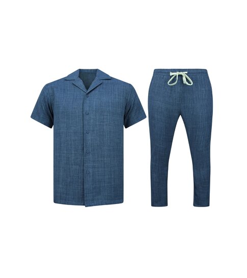ENOS Twinset - Zomerset Heren - Linnen Look Overhemd Heren - Zomer Broek Heren - MG-011 - Blauw