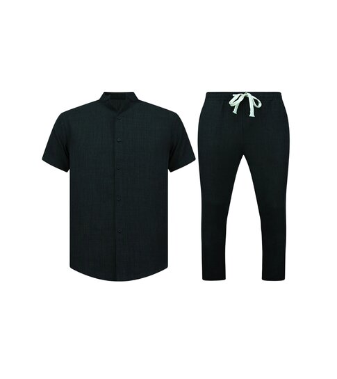 ENOS Zomerset Heren - Twinset - Linnen Look Overhemd Heren - Zomer Broek Heren - MG-012 - Zwart