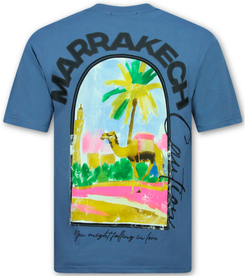 True Rise Heren Tshirt met Opdruk -  Oversized T shirt Heren  - Marrakech T shirt Heren met Print -1858- Blauw