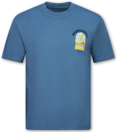 True Rise Heren Tshirt met Opdruk -  Oversized T shirt Heren  - Marrakech T shirt Heren met Print -1858- Blauw