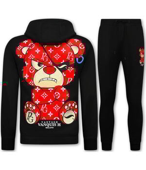 True Rise Trainingspak Heren Teddy Bear- Joggingpak Heren Volwassenen - Huispak Heren  - 6052- Zwart/Rood