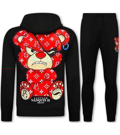 True Rise Trainingspak Heren Teddy Bear- Joggingpak Heren Volwassenen - Huispak Heren  - 6052- Zwart/Rood