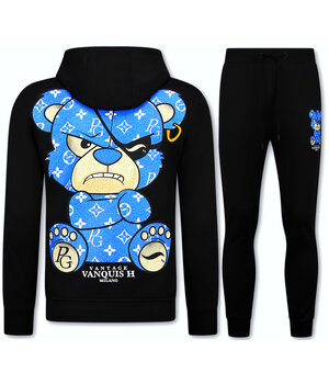 True Rise Trainingspak Heren - Joggingpak Heren Volwassenen - Teddy Bear Huispak Heren  - 6052- Zwart/Blauw