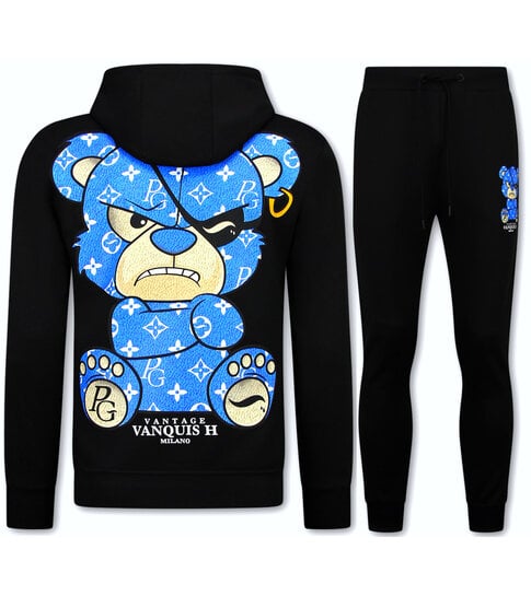 True Rise Trainingspak Heren - Joggingpak Heren Volwassenen - Teddy Bear Huispak Heren  - 6052- Zwart/Blauw