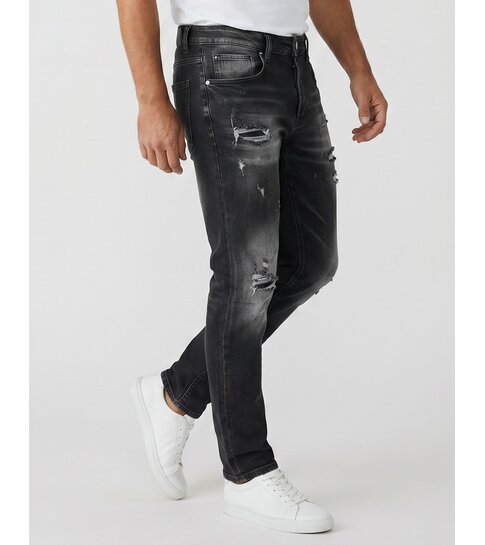 TRUE RISE Ripped Slim fit Heren Jeans - Spijkerbroek Heren Volwassenen -Stretch Jeans Heren -8383- Zwart
