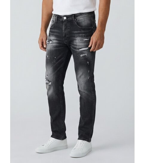 TRUE RISE Ripped Slim fit Heren Jeans - Spijkerbroek Heren Volwassenen -Stretch Jeans Heren -8383- Zwart