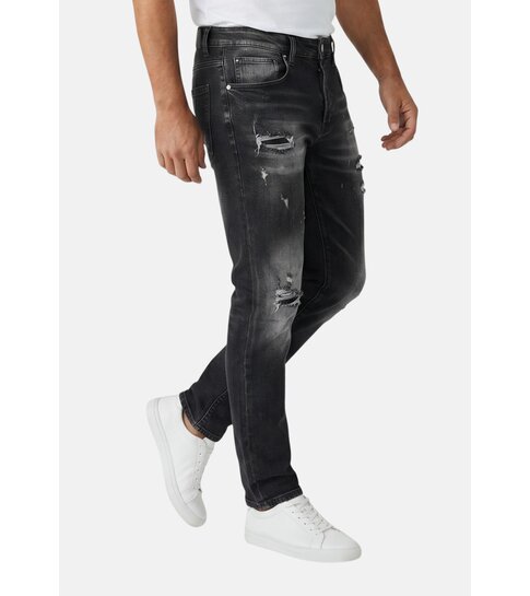 TRUE RISE Ripped Slim fit Heren Jeans - Spijkerbroek Heren Volwassenen -Stretch Jeans Heren -8383- Zwart
