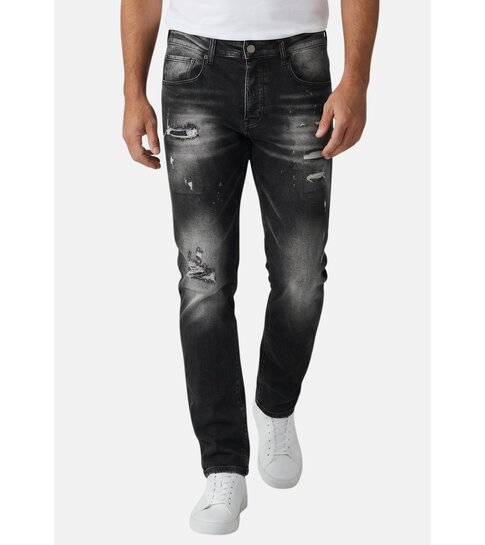 TRUE RISE Ripped Slim fit Heren Jeans - Spijkerbroek Heren Volwassenen -Stretch Jeans Heren -8383- Zwart