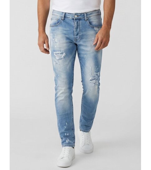 TRUE RISE Gescheurde Jeans Heren Slim Fit - Spijkerbroek Heren Volwassenen -Stretch Jeans Heren -8409- Licht Blauw