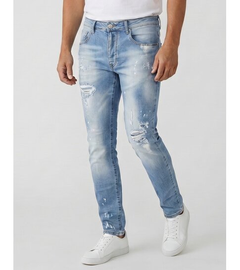 TRUE RISE Gescheurde Jeans Heren Slim Fit - Spijkerbroek Heren Volwassenen -Stretch Jeans Heren -8409- Licht Blauw