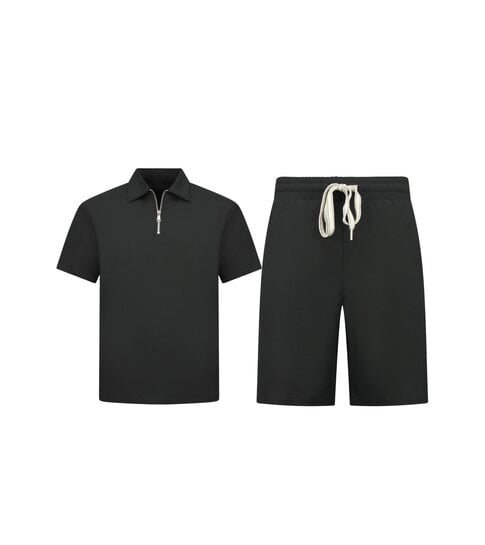 ENOS Zomerset Heren - Ribbed  Oversized  Polo Shirt en Korte Broek - Combisets - Co ord Set - F-5827 - Zwart