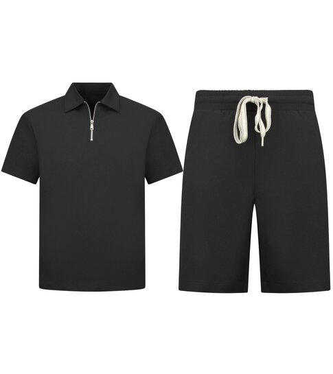 ENOS Zomerset Heren - Ribbed  Oversized  Polo Shirt en Korte Broek - Combisets - Co ord Set - F-5827 - Zwart