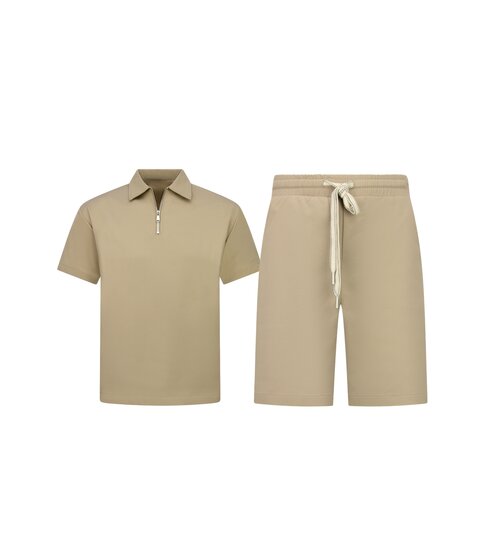 ENOS Zomerset Heren - Ribbed  Oversized  Polo Shirt en Korte Broek - Combisets - Co ord Set - F-5827 - Bruin