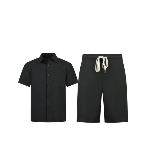 ENOS Zomerset Heren - Ribbed  Oversized Shirt  en Korte Broek - Twinset twee delig - F-5830 - Zwart