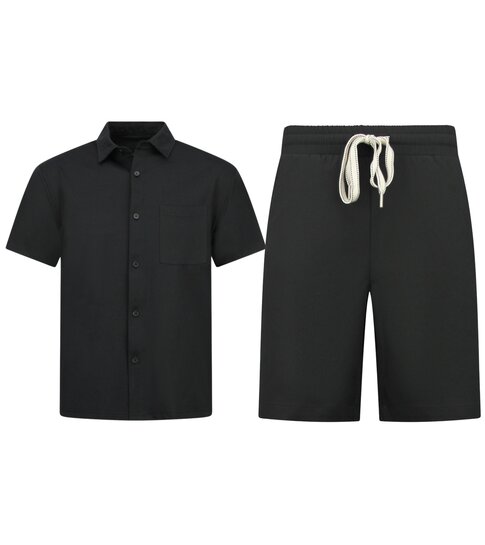 ENOS Zomerset Heren - Ribbed  Oversized Shirt  en Korte Broek - Twinset twee delig - F-5830 - Zwart