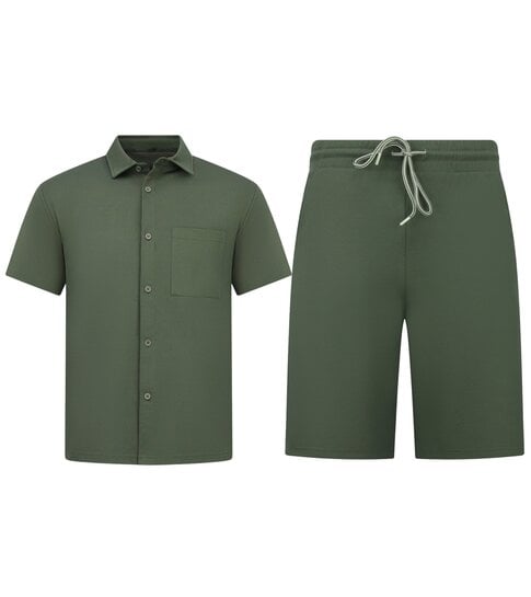 ENOS Zomerset Heren - Ribbed  Oversized Shirt  en Korte Broek - Twinset twee delig - F-5830 - Groen