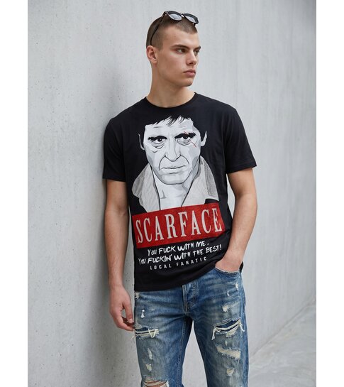 Local Fanatic Scarface Red Scar - Digital Rhinestone T-shirt - Zwart