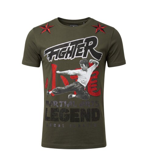 Local Fanatic Fighter - Bruce Lee T-shirt Rhinestones - Khaki