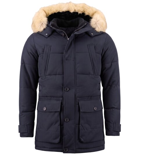 Enos Lange Heren Winterjas – Met Bontkraag – Blauw