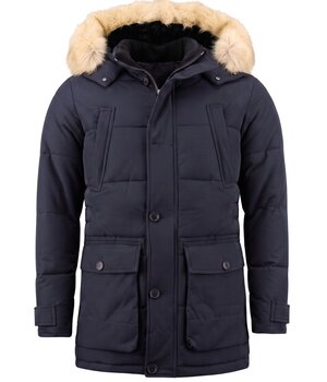 Enos Lange Heren Winterjas – Met Bontkraag – Blauw