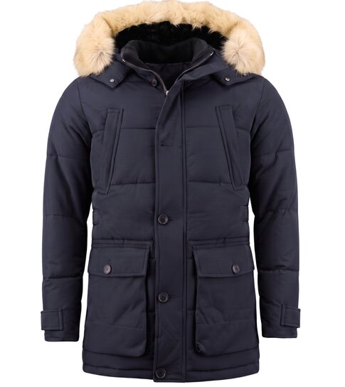 Enos Lange Heren Winterjas – Met Bontkraag – Blauw