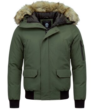 Enos Korte Heren Winterjas – Met Faux Bontkraag –  Groen