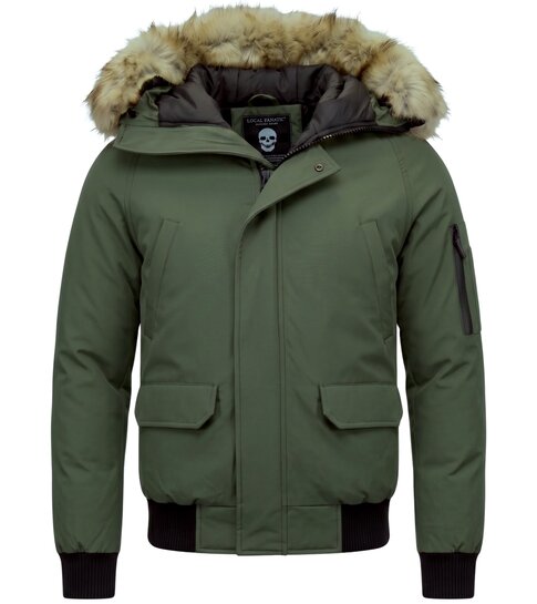 Enos Korte Heren Winterjas – Met Faux Bontkraag –  Groen
