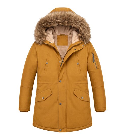 Enos Lange Heren Winterjas – Met  Faux Bontkraag – Geel