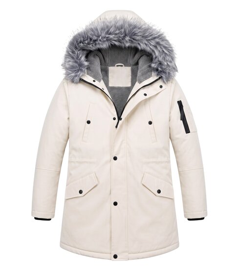 Enos Lange Heren Winterjas – Met Nep  Bontkraag  – Wit