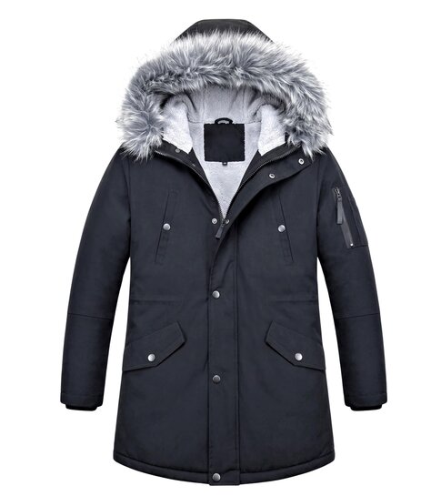 Enos Lange Heren Winterjas – Met Faux  Bontkraag  – Zwart