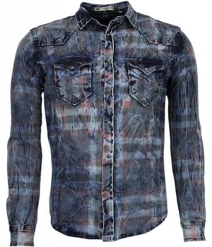 Enos Denim Overhemd - Slim Fit Lange Mouwen Heren - Kleur Print - Blauw