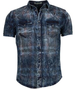 Enos Denim Heren Overhemd - Korte Mouwen - Kleur Print - Blauw