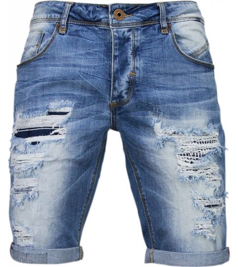 Enos Korte Broeken Heren - Slim Fit Denim Damaged Short - Blauw