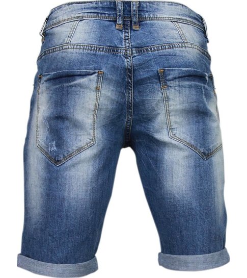 Enos Korte Broeken Heren - Slim Fit Denim Damaged Short - Blauw